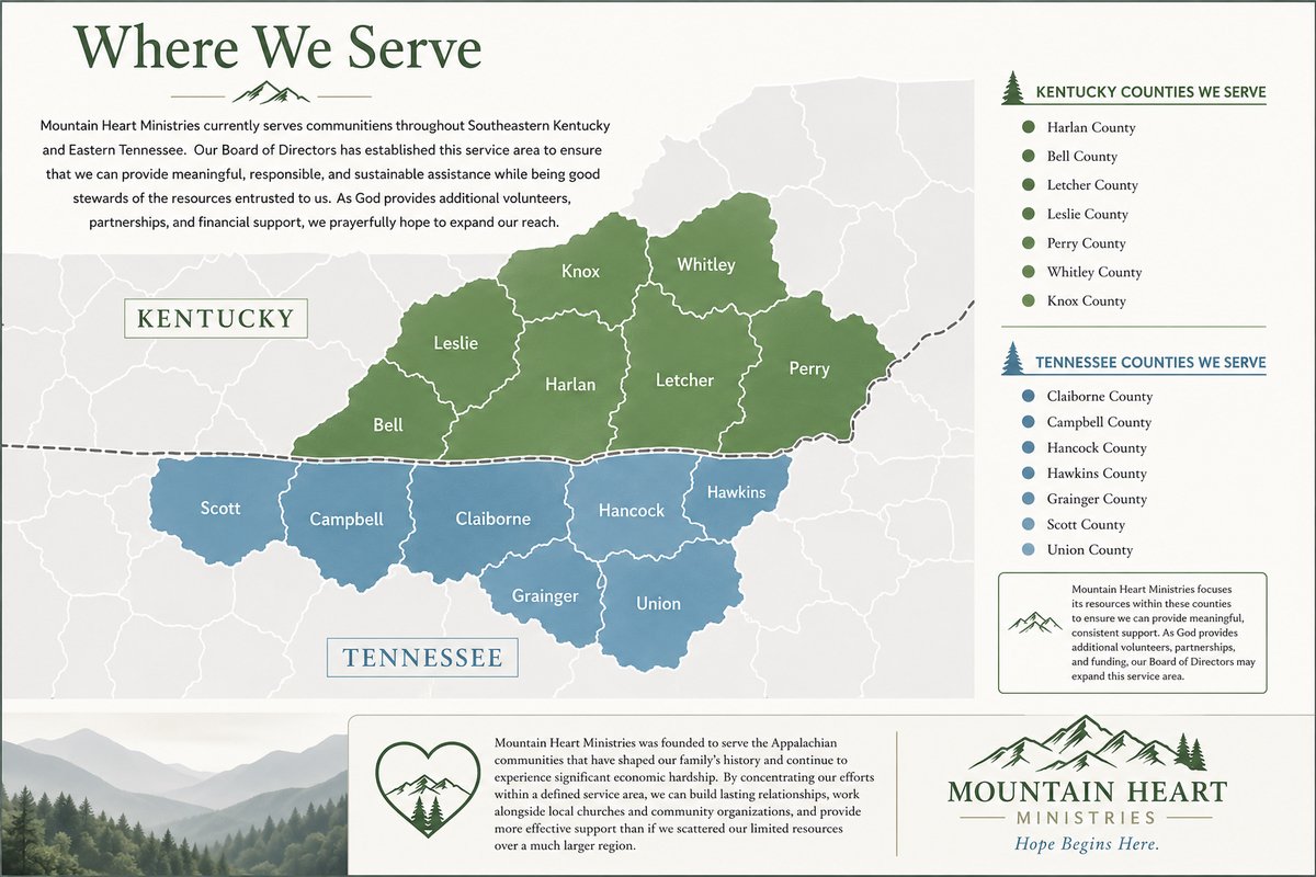 Map showing the initial service area of Mountain Heart Ministries across selected counties in Eastern Kentucky and Northeast Tennessee.