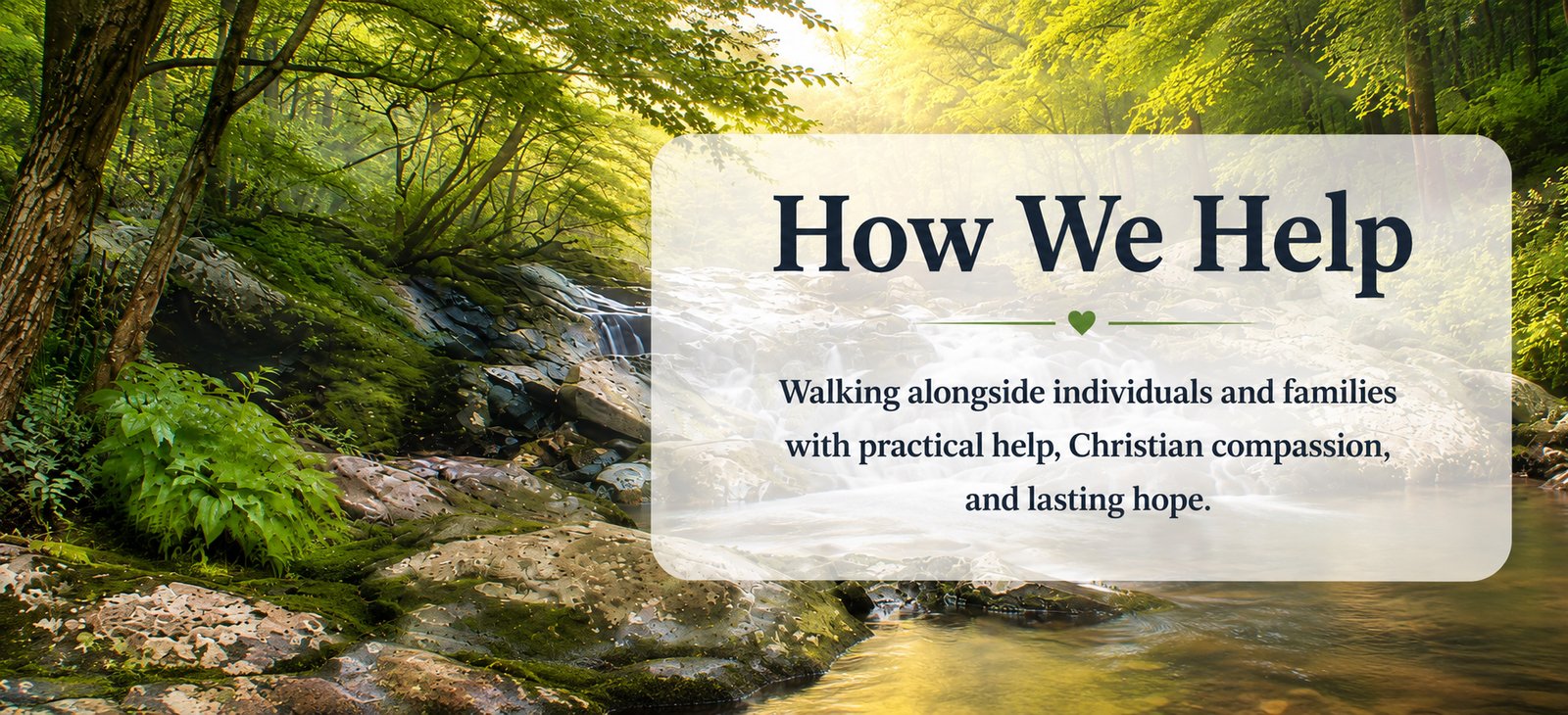 Gentle mountain stream flowing through a peaceful Appalachian forest, symbolizing hope, renewal, and compassionate care.