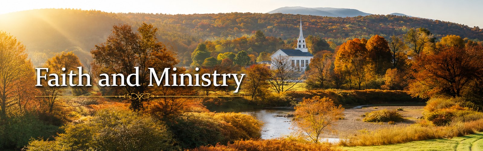 White country church surrounded by autumn trees in the Appalachian Mountains with the words “Faith and Ministry.”