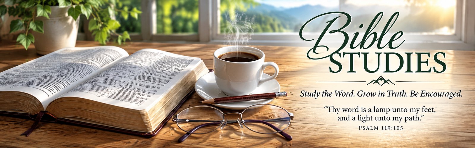 Open Bible with coffee, reading glasses, and pencil representing free Bible studies from Mountain Heart Ministries.