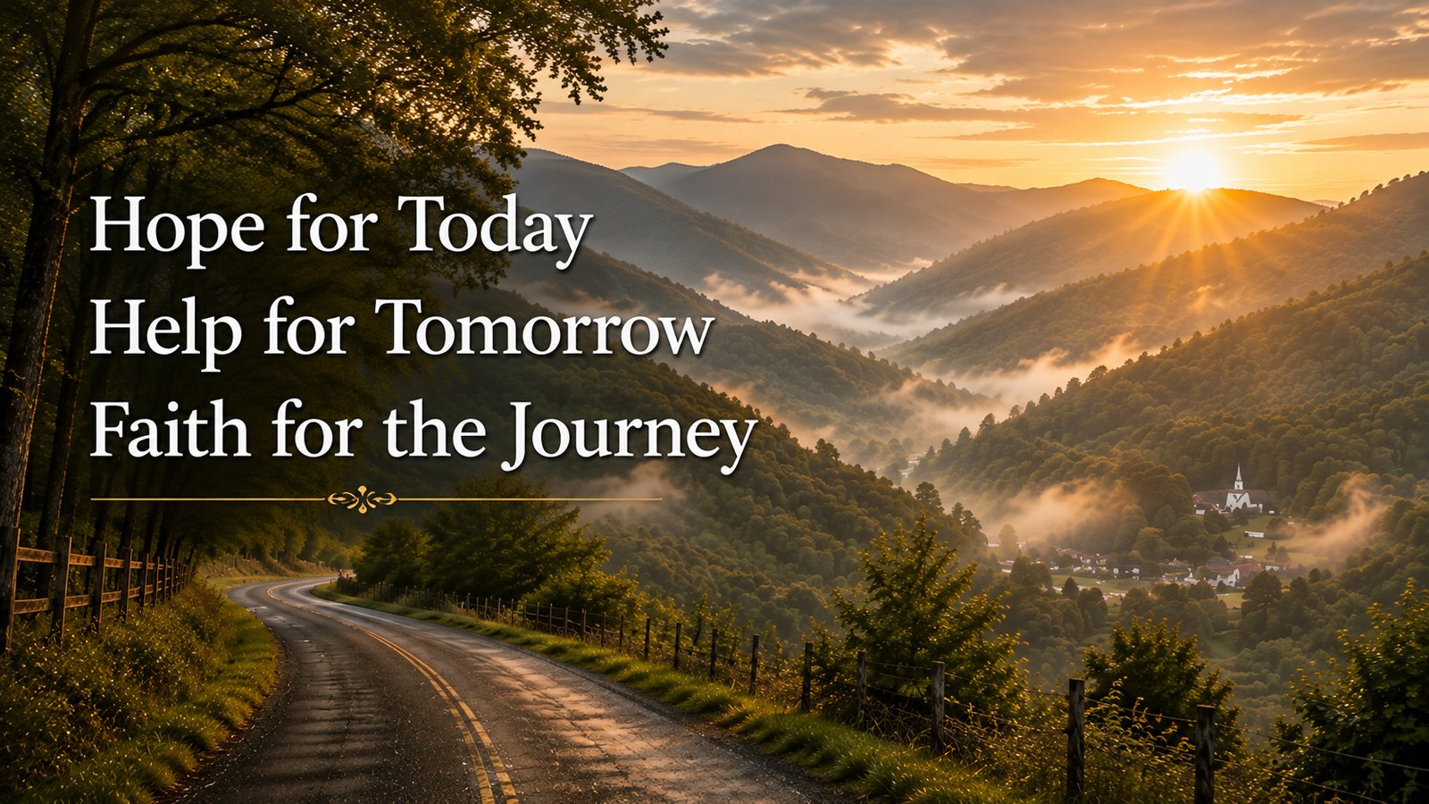 Sunrise over misty Appalachian mountains with a winding road and mountain community, featuring the words “Hope for Today, Help for Tomorrow, Faith for the Journey.”