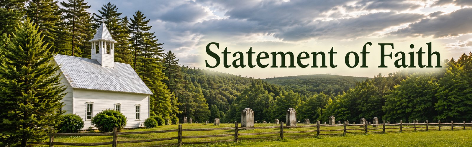 White country church in the Appalachian mountains with the words “Statement of Faith.”