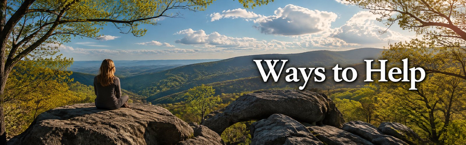 Woman sitting thoughtfully on a rocky Appalachian overlook with the words “Ways to Help.”