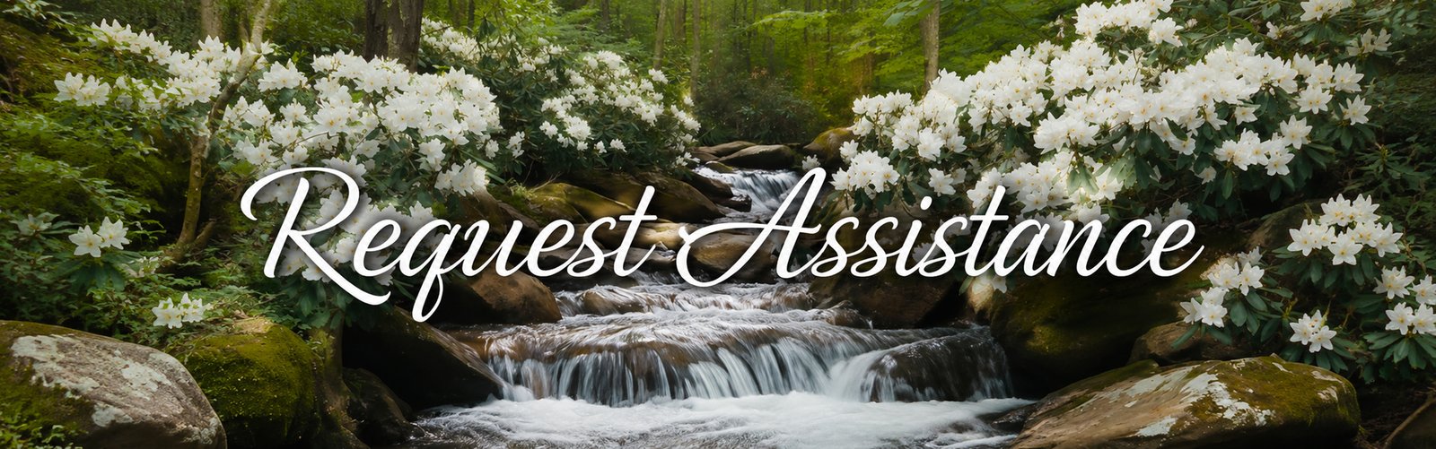 Mountain stream surrounded by white rhododendron flowers with the words “Request Assistance.”