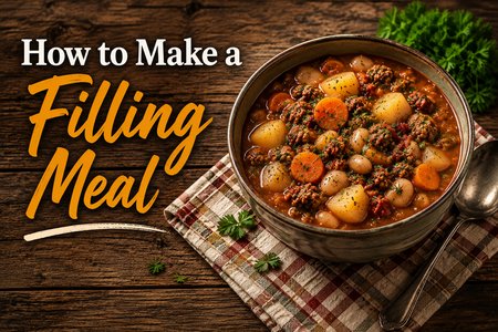 Hearty bowl of stew with potatoes, beans, vegetables and meat with the words “How to Make a Filling Meal”