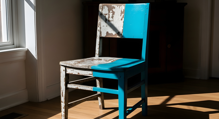 Wooden chair shown half worn and half restored with fresh turquoise paint