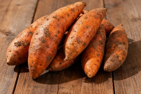 Freshly harvested sweet potatoes with soil still on their skins, ready for curing and storage
