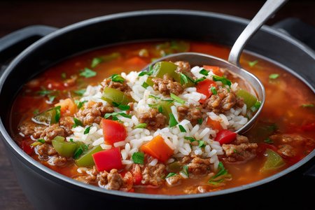 Hearty homemade soup with ground beef, rice, tomatoes and bell peppers