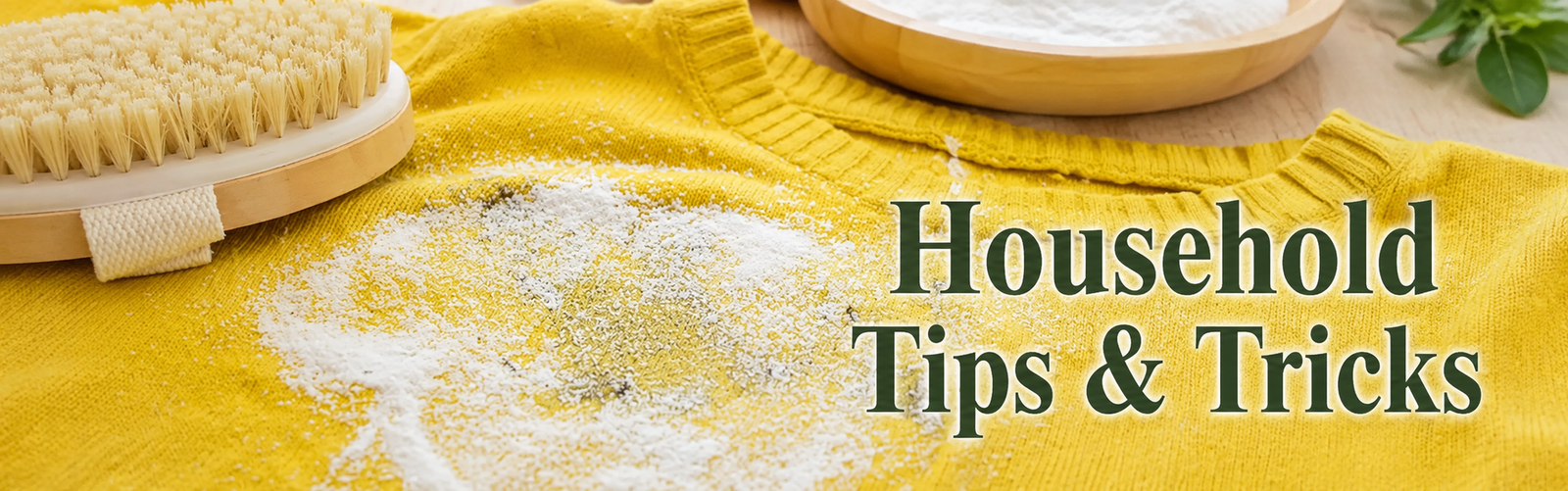 Yellow sweater with baking soda and scrub brush illustrating simple old-fashioned household cleaning tips