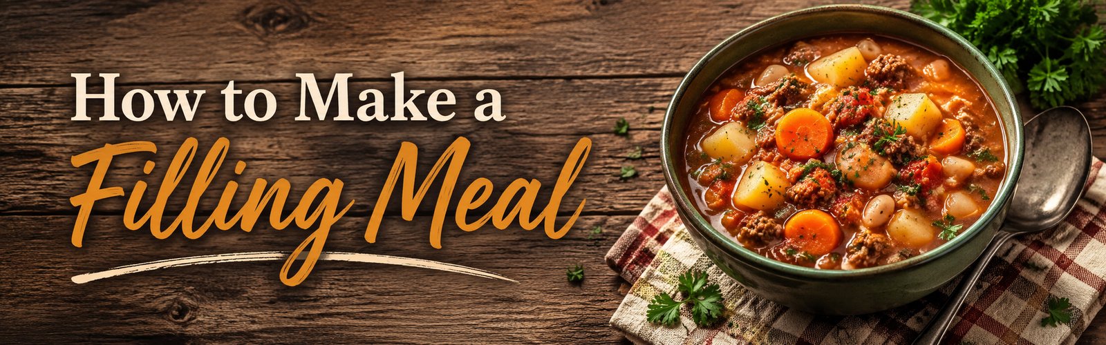 Hearty bowl of stew with meat, potatoes, beans and vegetables with the words “How to Make a Filling Meal”
