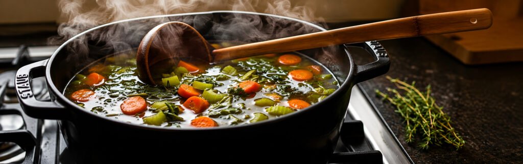 Large pot of homemade vegetable soup with carrots, celery and greens simmering on the stove