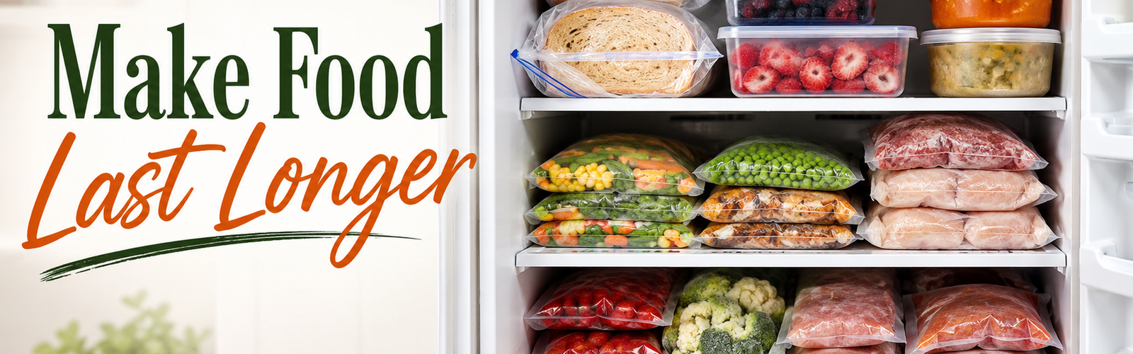 Organized freezer filled with bread, berries, vegetables, meat and prepared foods stored for later use