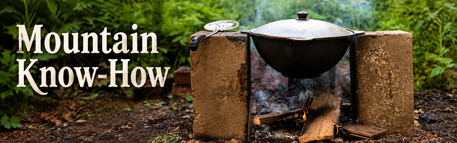 Rustic outdoor cooking setup using concrete blocks, firewood, and a large cooking pot in a mountain setting.