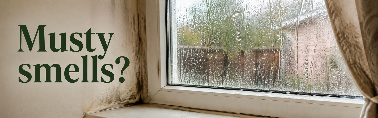 Condensation on a window with moisture and mildew around the frame, a possible source of musty odors