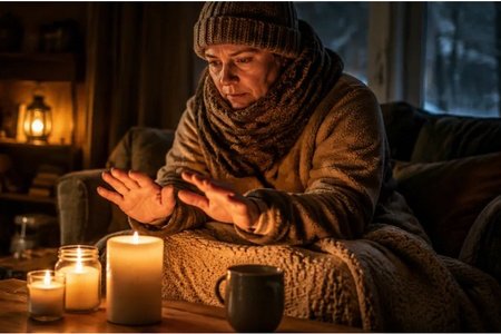 Person bundled in warm clothing and blankets using candles for light during a winter heating outage