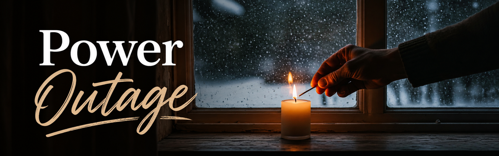 Candle being lit beside a window during a snowy winter power outage