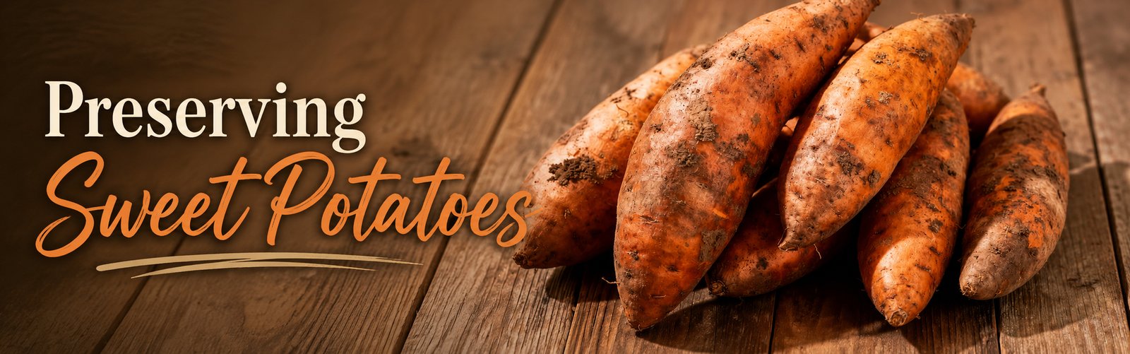 Freshly harvested sweet potatoes on a wooden table with the words Preserving Sweet Potatoes