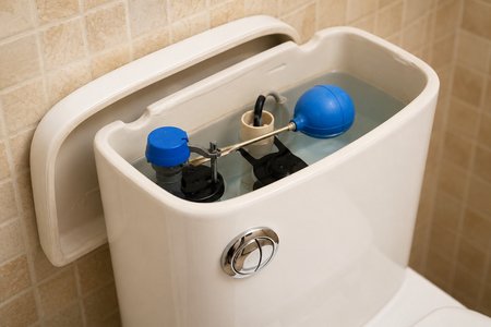 Open toilet tank showing the float, fill valve and internal parts that can cause a toilet to keep running