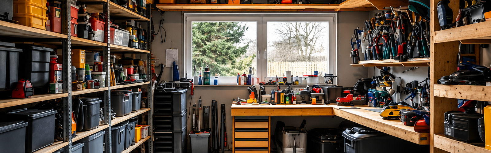 Organized garage filled with tools, storage bins and household supplies that may be reused instead of buying something new