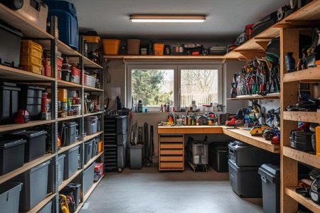 Garage filled with tools, storage bins and household supplies that may provide a solution without buying something new