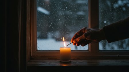 Hand lighting a candle beside a snowy window during a winter power outage