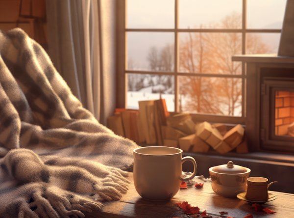 Warm blanket and hot drink beside a fireplace and window on a cold winter day.