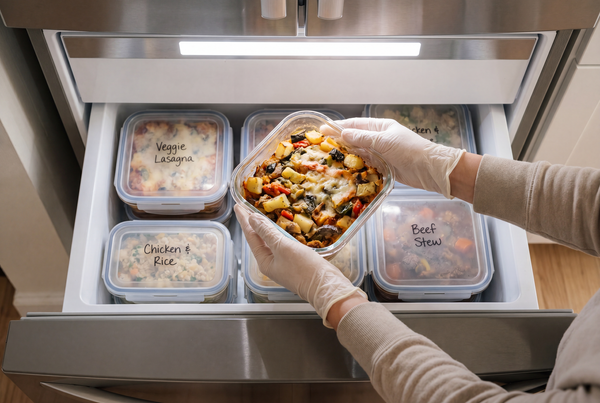 Freezer drawer filled with labeled containers of homemade meals being stored for later use to save money and prevent food waste.