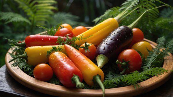 Fresh carrots, peppers, tomatoes, eggplant and other vegetables arranged in a basket.