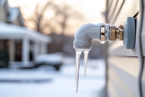 Outdoor water faucet covered with ice and icicles during freezing winter weather.