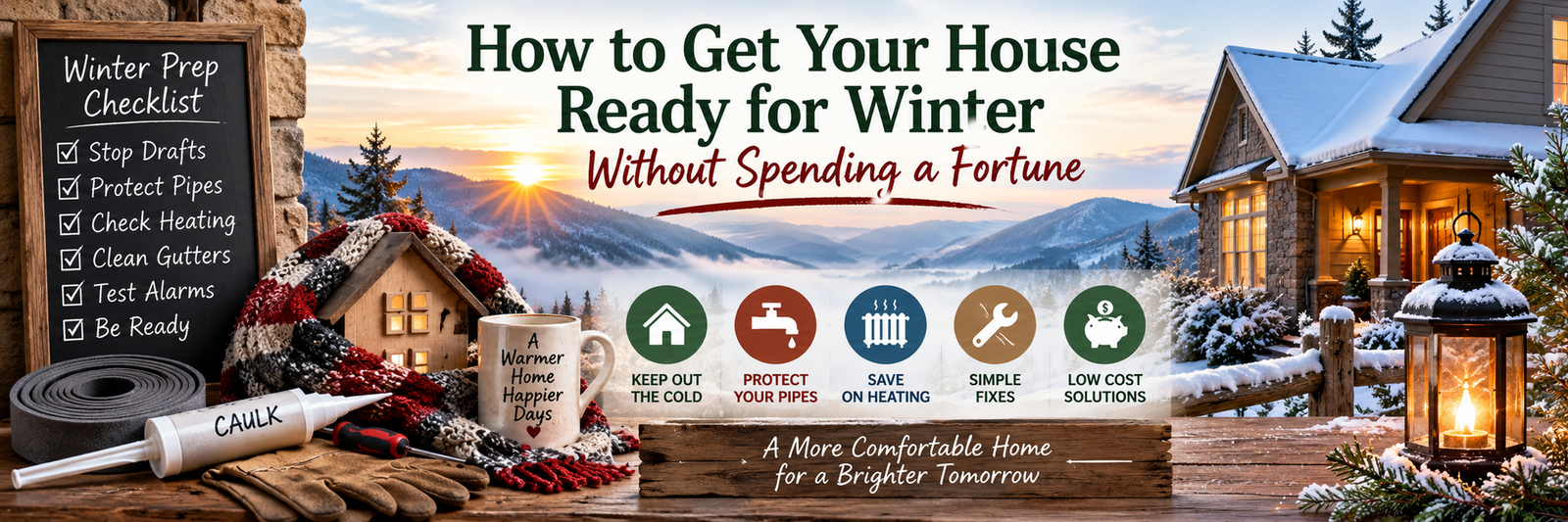 Winter home preparation checklist with a snow-covered mountain home and simple reminders to stop drafts, protect pipes, check heating, clean gutters and test alarms.
