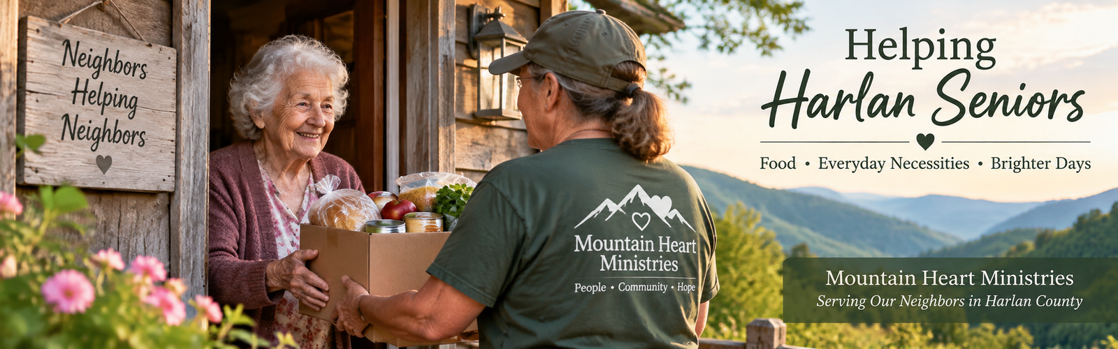 Volunteer delivering food and everyday necessities to a senior in Harlan County, Kentucky.