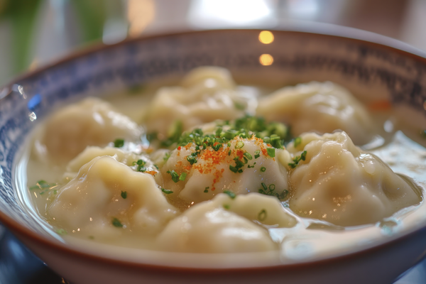 Bowl of homemade chicken and dumplings served in warm broth with herbs.