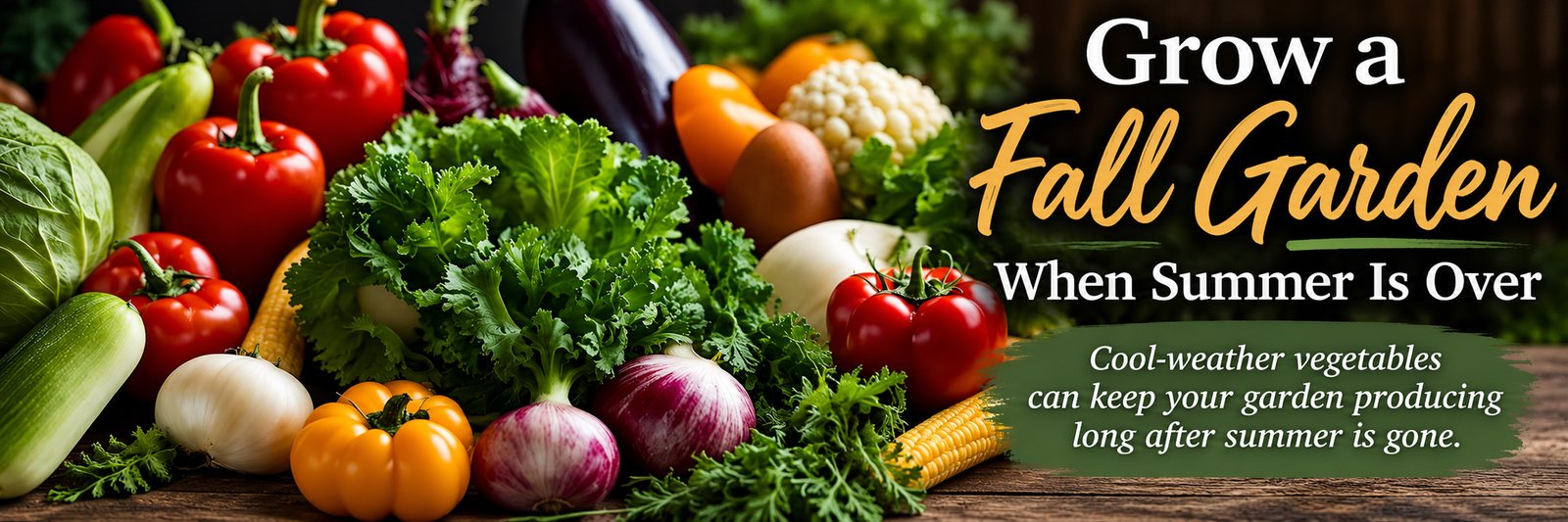 Fresh vegetables representing a fall garden with tomatoes, peppers, onions, corn, leafy greens and other garden produce.