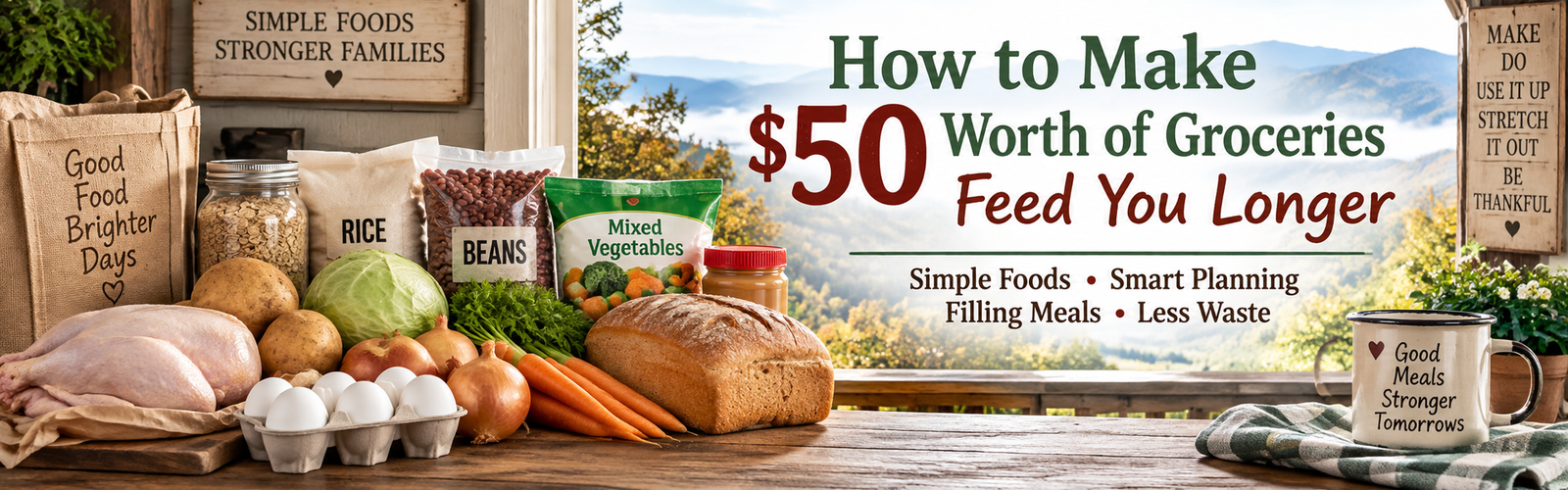 Budget-friendly groceries including chicken, eggs, rice, beans, potatoes, vegetables, oats and bread with tips for making $50 worth of groceries feed you longer.