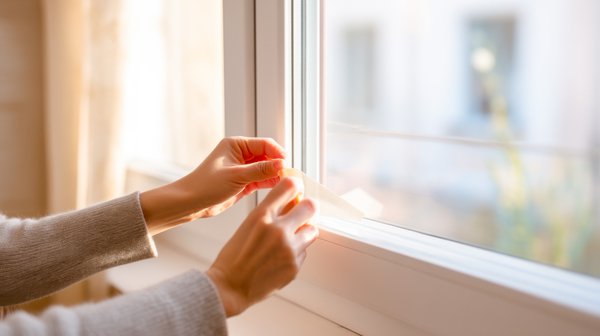 Hands applying weatherstripping along a window frame to help seal gaps and prevent cold drafts.