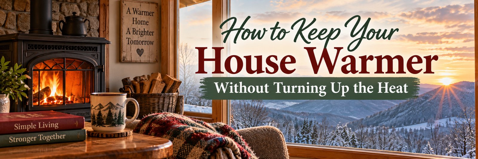 Cozy warm home with a wood stove overlooking snowy Appalachian mountains in winter.