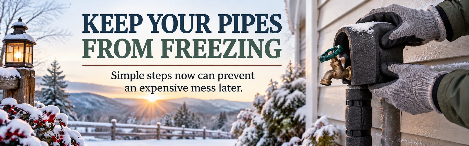 Outdoor water faucet being insulated before freezing weather with snow-covered mountains in the background.