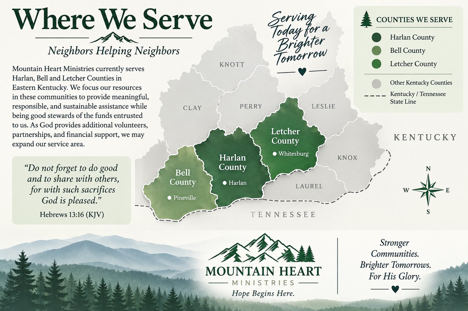 Map showing Mountain Heart Ministries’ service area of Bell, Harlan and Letcher Counties in Eastern Kentucky.