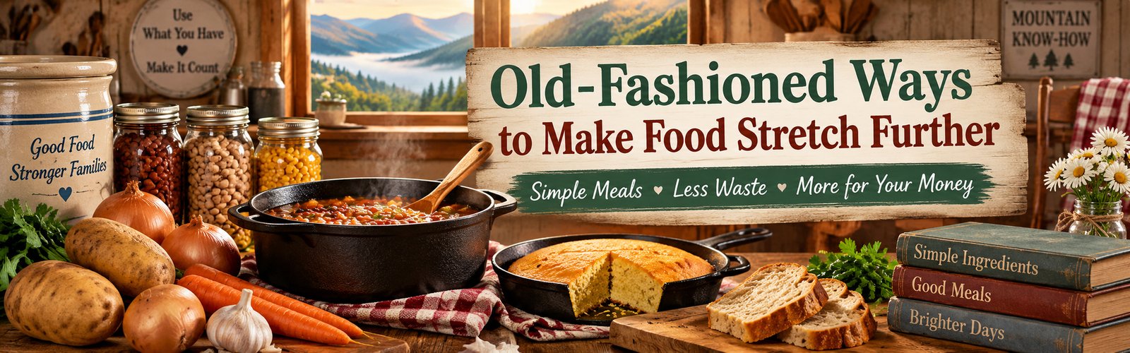 Simple foods including beans, potatoes, vegetables, cornbread, and soup in a rustic mountain kitchen.