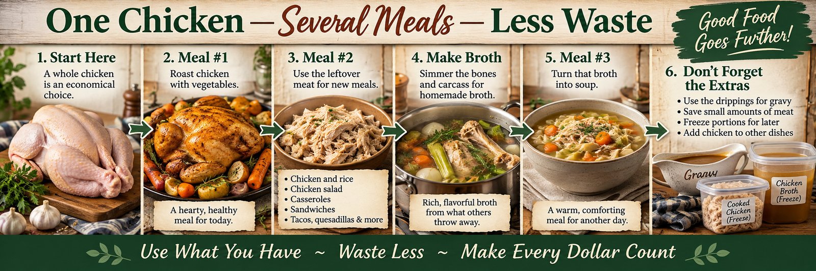 One whole chicken turned into several economical meals, including roast chicken, leftover chicken dishes, homemade broth, and chicken soup.
