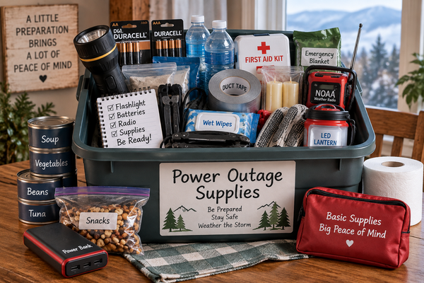 Household power outage supply box with flashlights, batteries, radio, water, first aid kit, duct tape, lantern, emergency blanket, food and other basic supplies.