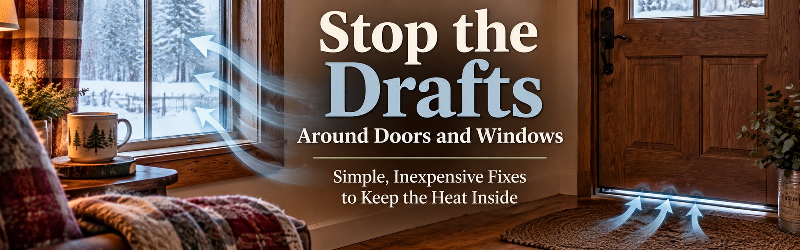 Cold air entering around a window and exterior door in winter, illustrating simple ways to stop drafts and keep heat inside.