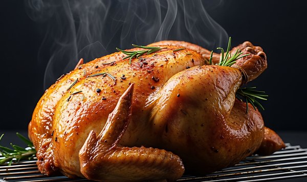 Golden brown whole roasted chicken seasoned with herbs and resting on a roasting rack.